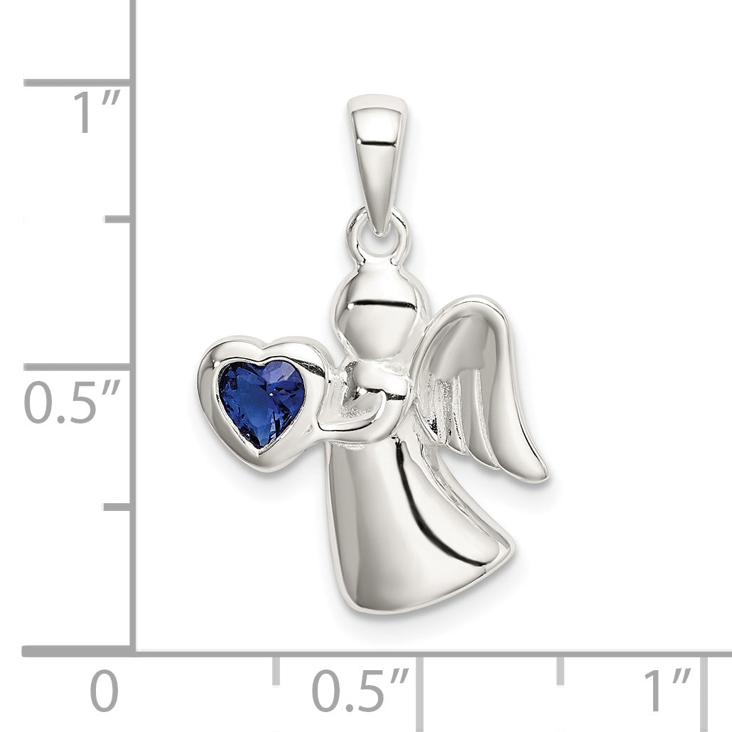 Sterling Silver Angel W/Dark Blue Cz Heart Pendant