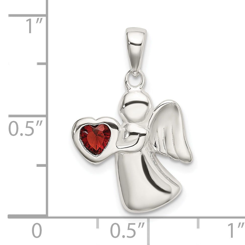 Sterling Silver Angel W/Dark Red Cz Heart Pendant