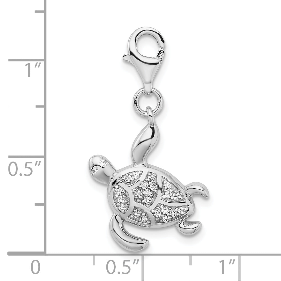 Sterling Silver Rhodium-Plated Cz Sea Turtle With Lobster Clasp Charm