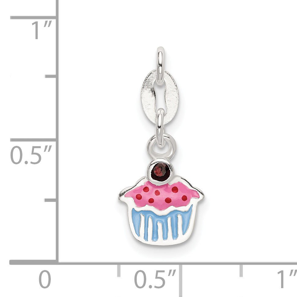 Sterling Silver Polished And Enameled Cupcake W/Garnet Charm