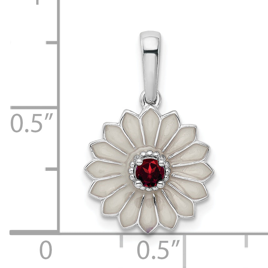Sterling Silver Garnet And Enamel Flower Pendant