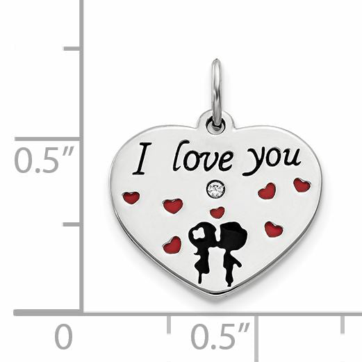 Sterling Silver Polish Enamel Swarovski Zirconia Kiss Couple Heart Charm