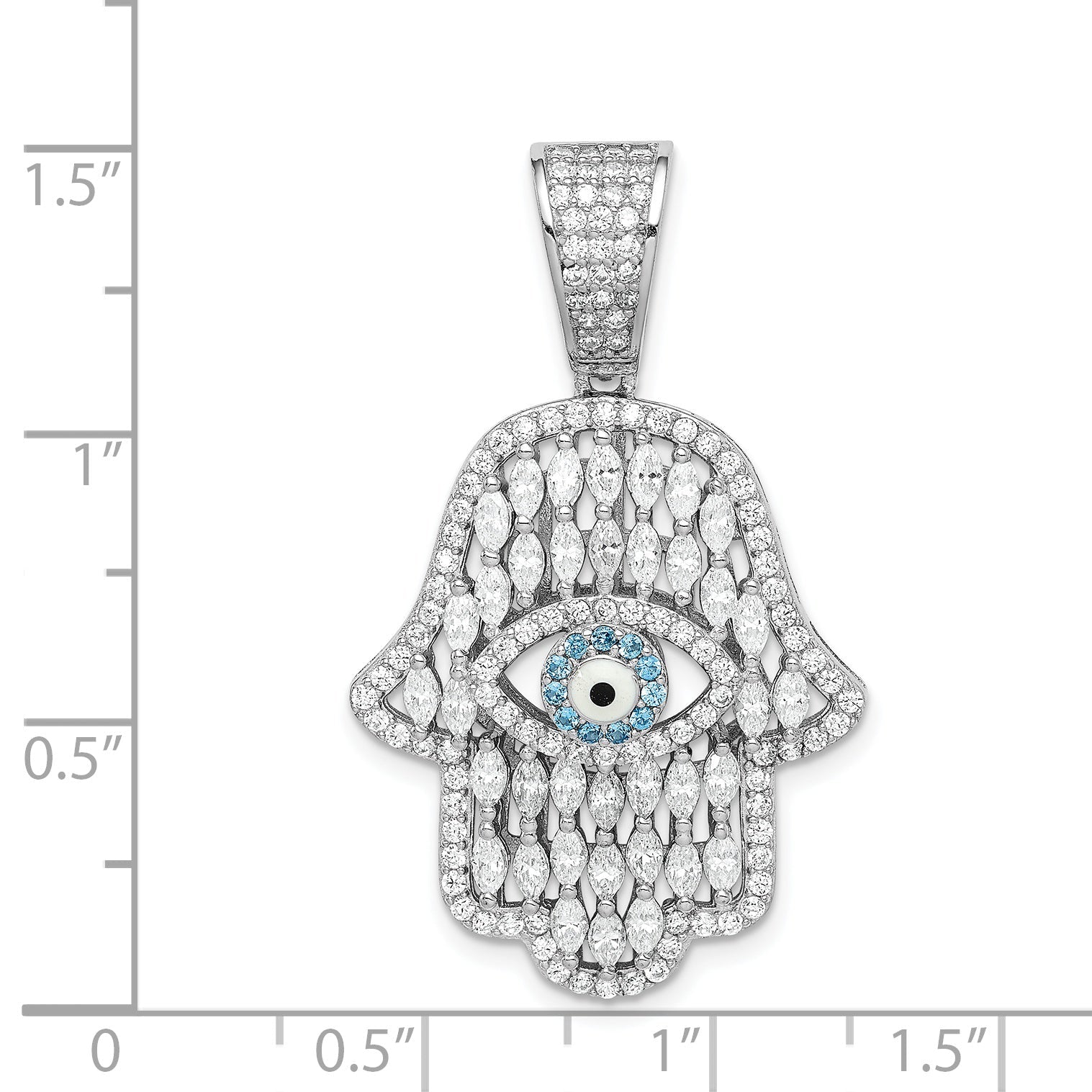 Sterling Silver Rhodium-Plated White & Blue Cz Hamsa Eye Pendant