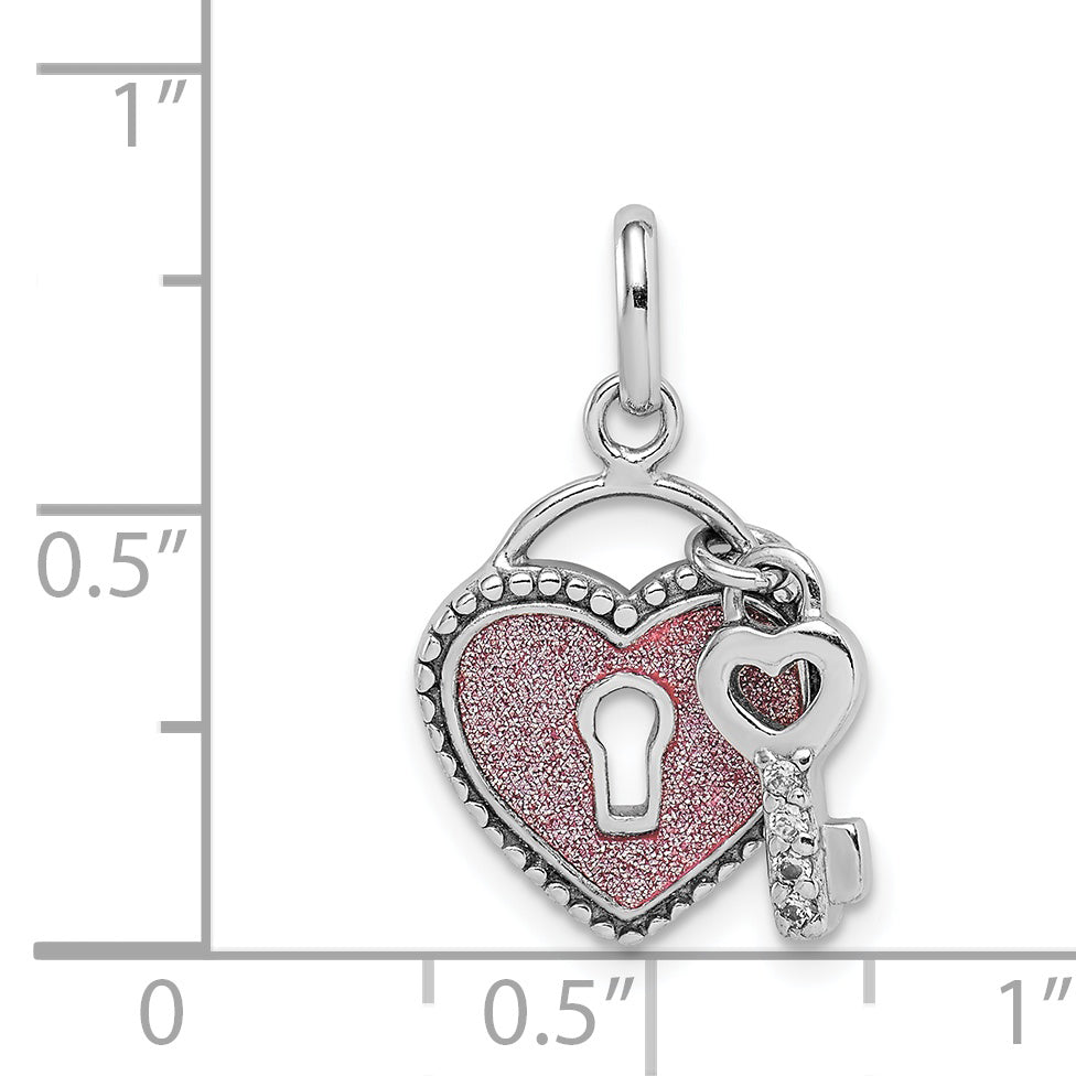 Sterling Silver Rhodium Plated Cz Glitter Infused Heart And Key Pendant