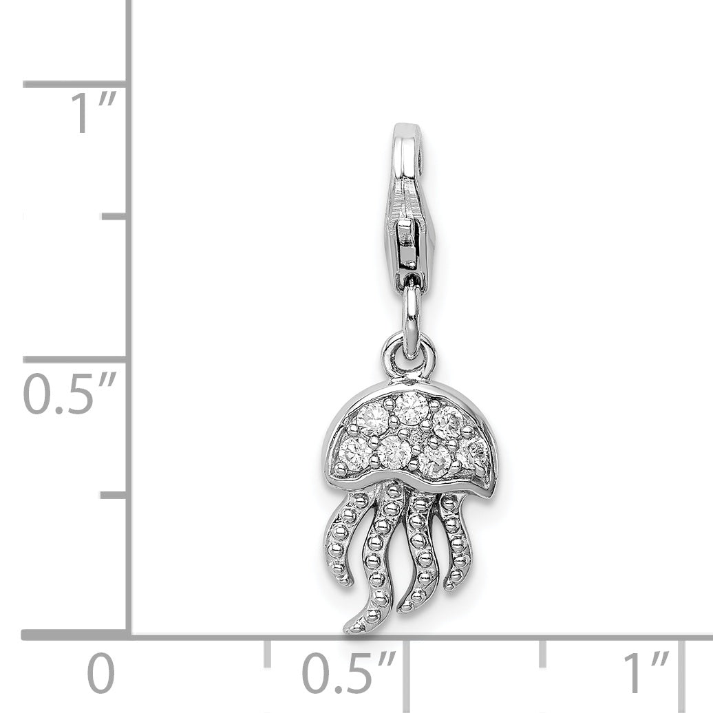 Sterling Silver Rhodium-Plated Cz Jellyfish With Lobster Clasp Charm
