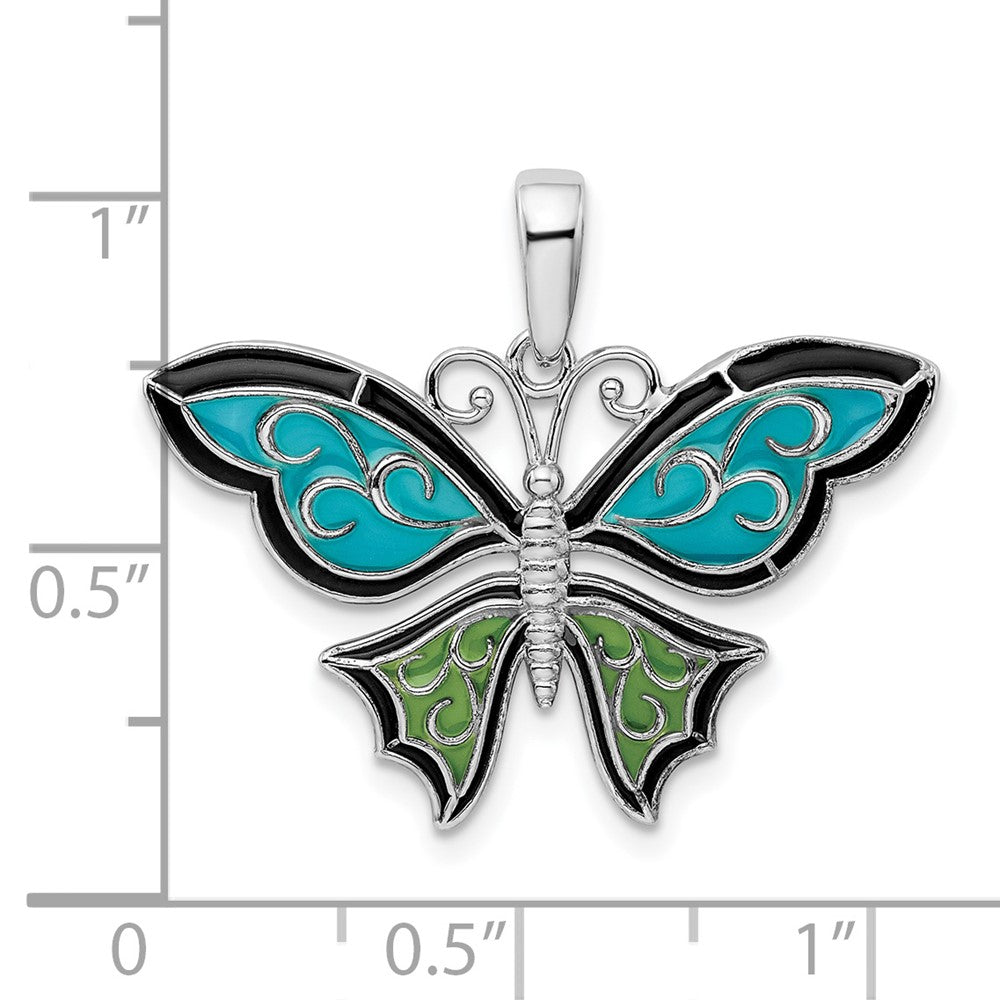 Sterling Silver De-Ani Rhodium-Plated Polished Enameled Aqua Butterfly Pendant