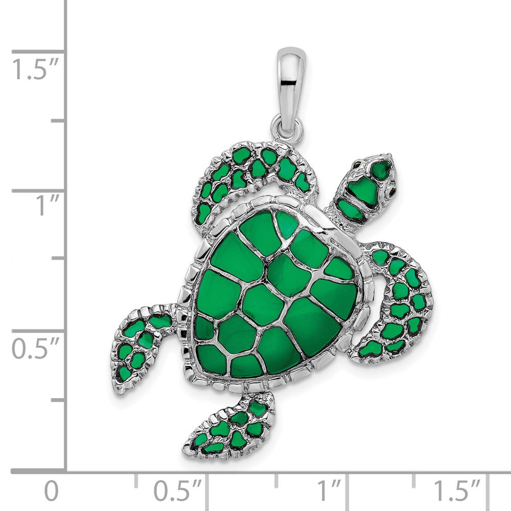 Sterling Silver De-Ani Rhodium-Plated Polished Enameled Green Sea Turtle Pendant