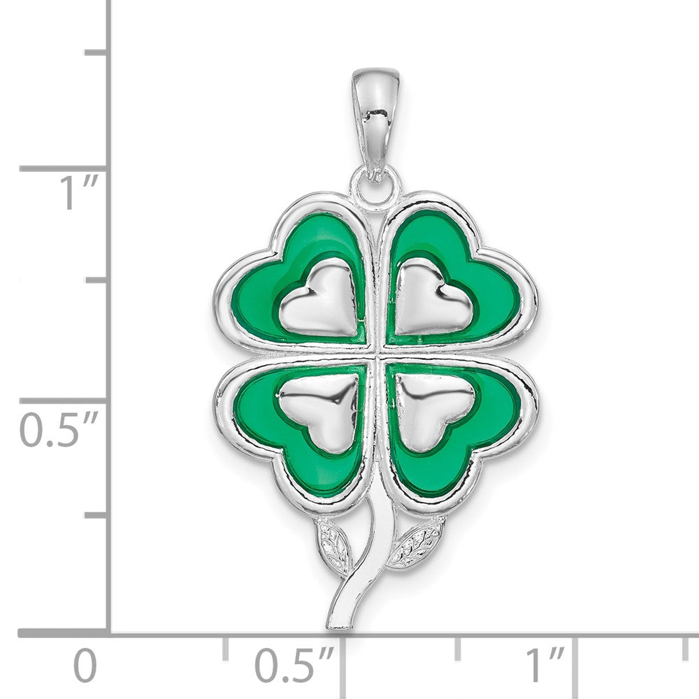Sterling Silver De-Ani Rhodium-Plated Polished Enameled 4-Leaf Clover Pendant