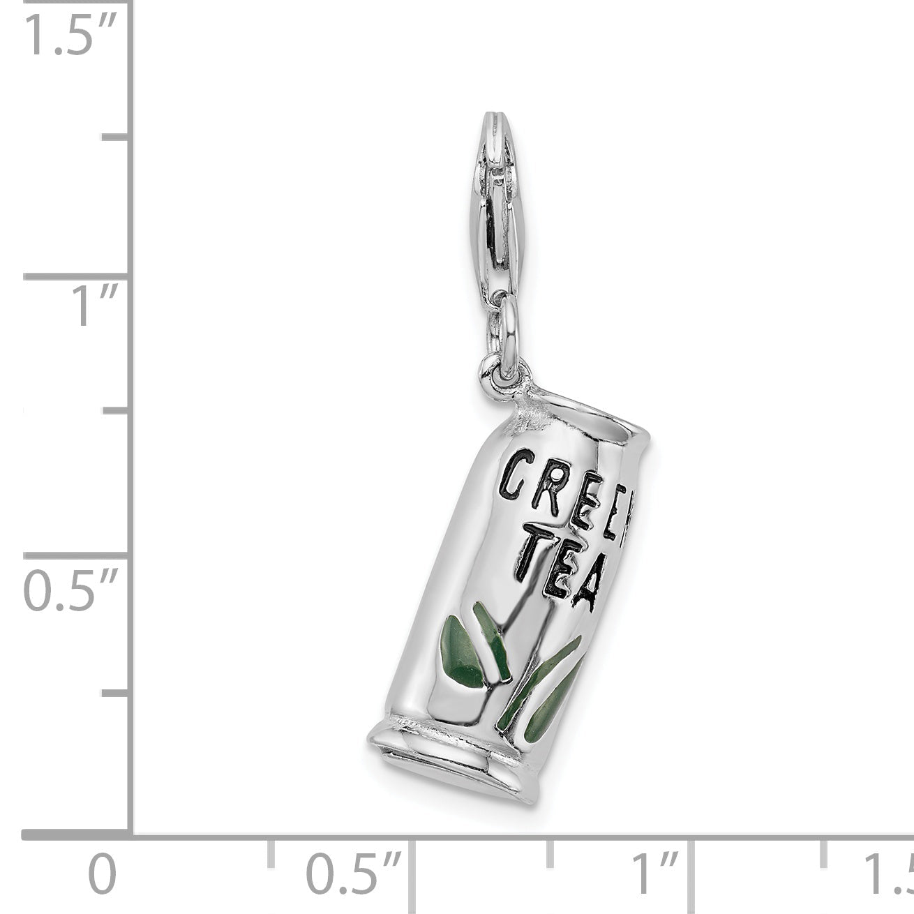 Sterling Silver Amore La Vita Rhodium-Plated Polished 3-D Enameled Green Tea Beverage Charm With Fancy Lobster Clasp