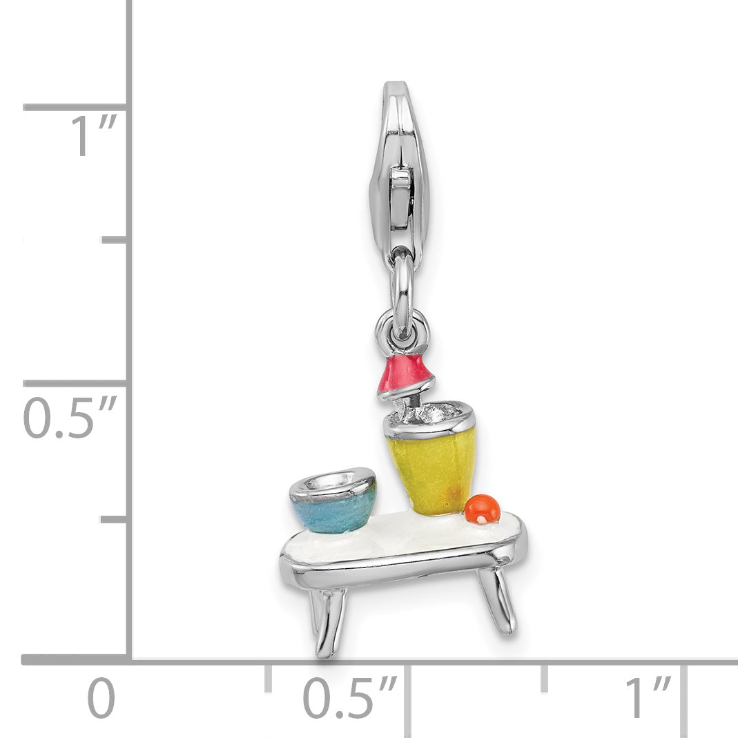 Sterling Silver Amore La Vita Rhodium-Plated Polished 3-D Enameled Table And Bowls Charm With Fancy Lobster Clasp