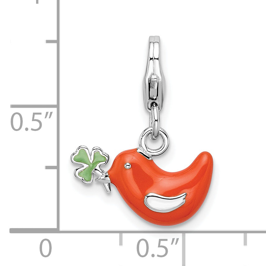 Sterling Silver Amore La Vita Rhodium-Plated Polished Enameled Bird And Clover Charm With Fancy Lobster Clasp