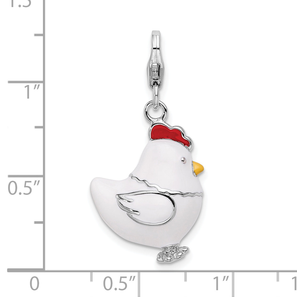 Sterling Silver Amore La Vita Rhodium-Plated Polished 3-D Enameled Chicken Charm With Fancy Lobster Clasp