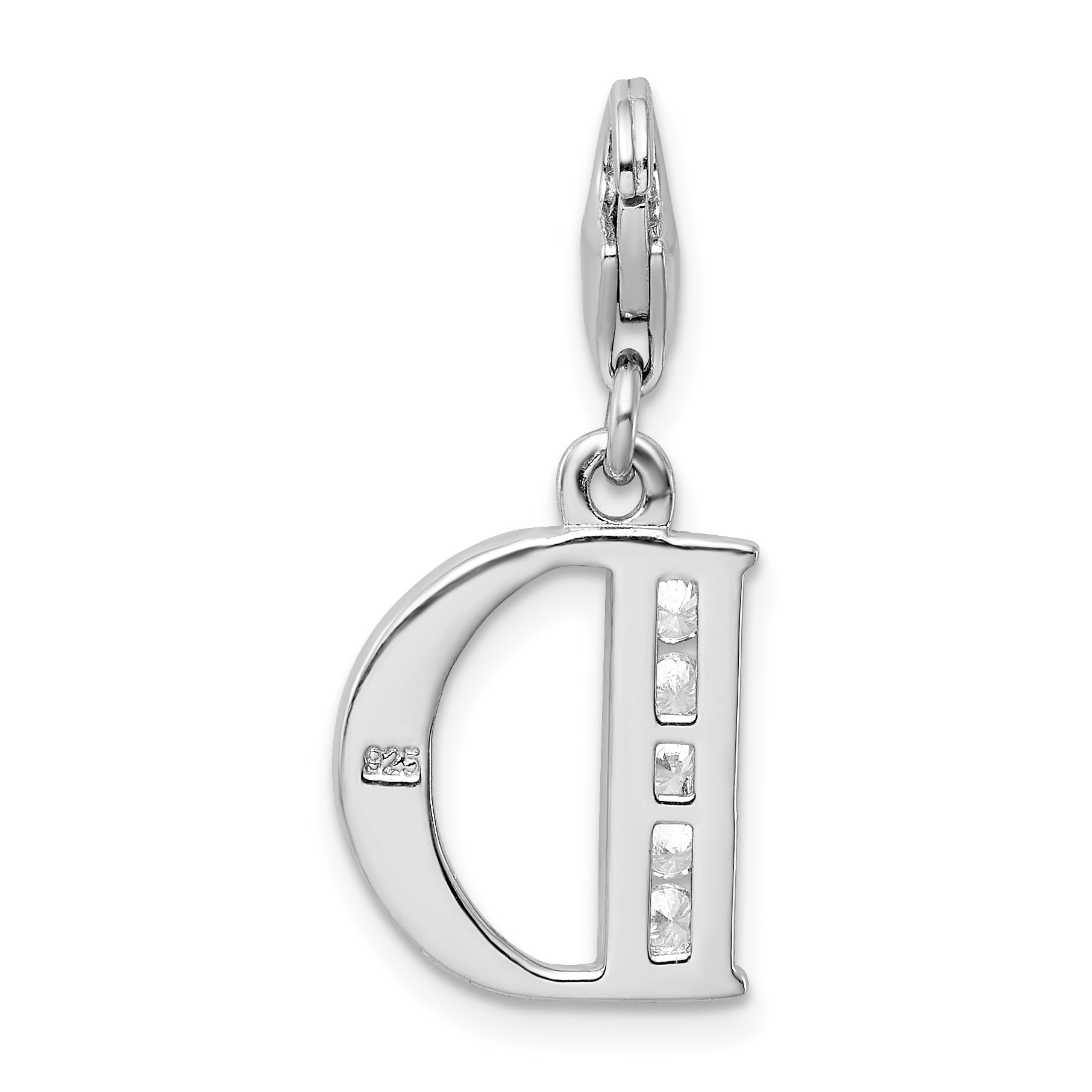 Sterling Silver Amore La Vita Rhodium-Plated Polished Cz Letter D Initial Charm With Fancy Lobster Clasp