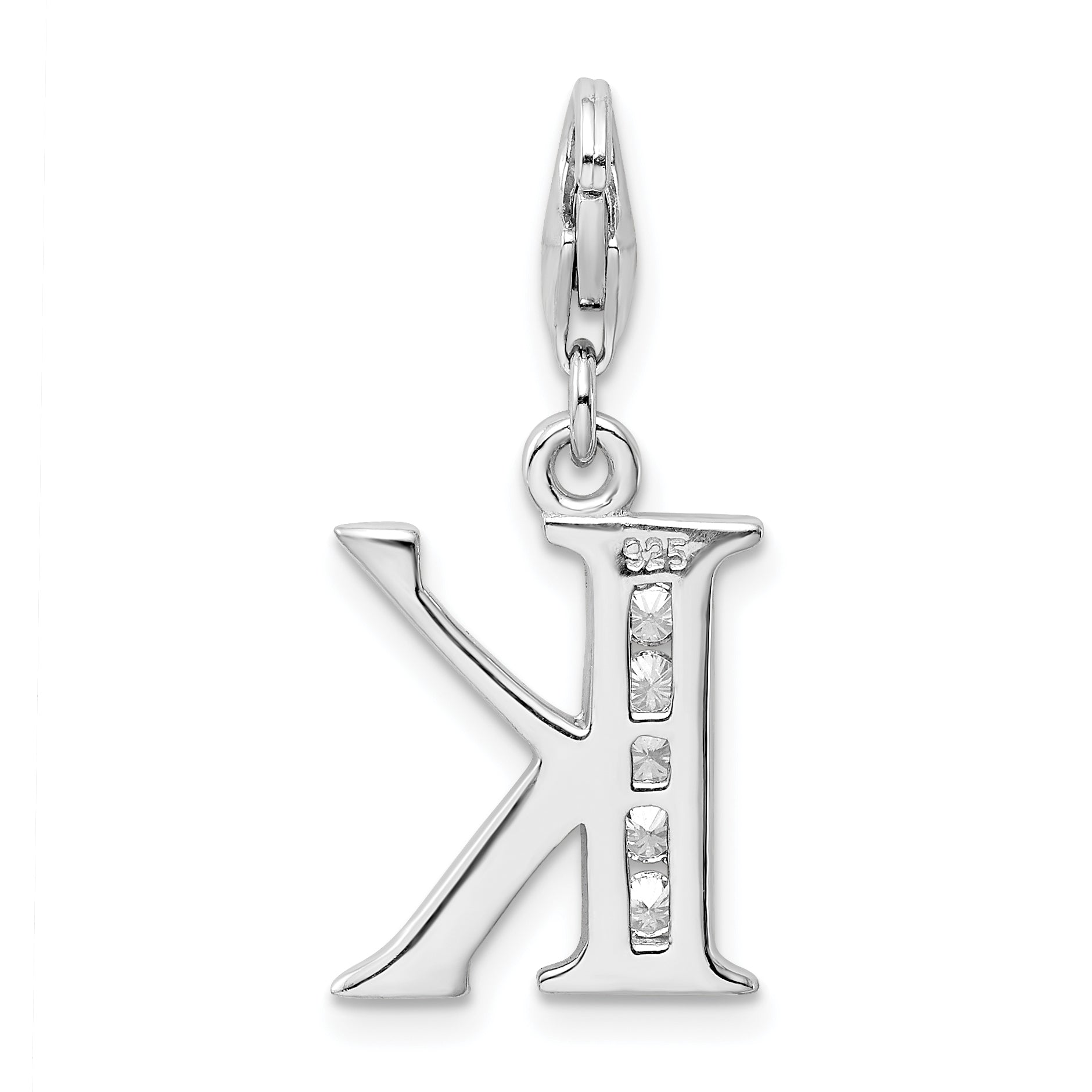 Sterling Silver Amore La Vita Rhodium-Plated Polished Cz Letter K Initial Charm With Fancy Lobster Clasp