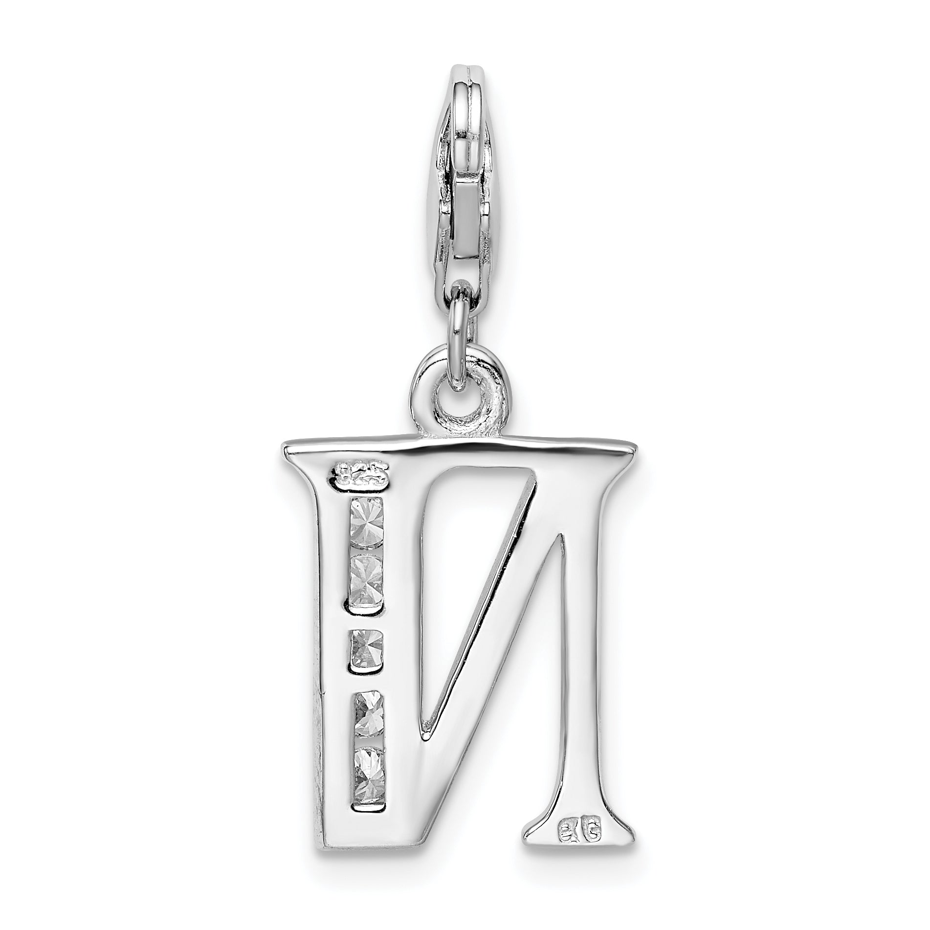 Sterling Silver Amore La Vita Rhodium-Plated Polished Cz Letter N Initial Charm With Fancy Lobster Clasp