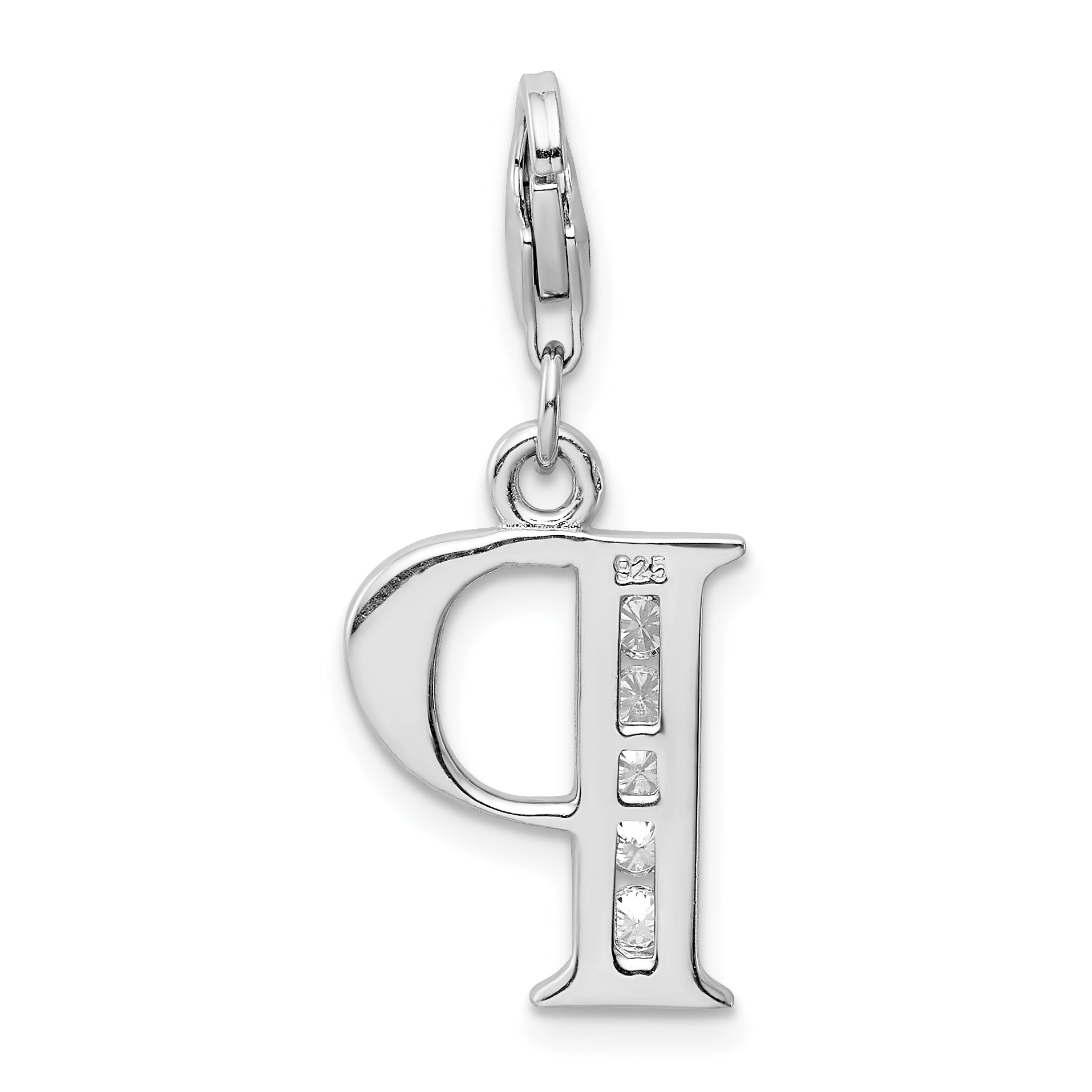 Sterling Silver Amore La Vita Rhodium-Plated Polished Cz Letter P Initial Charm With Fancy Lobster Clasp