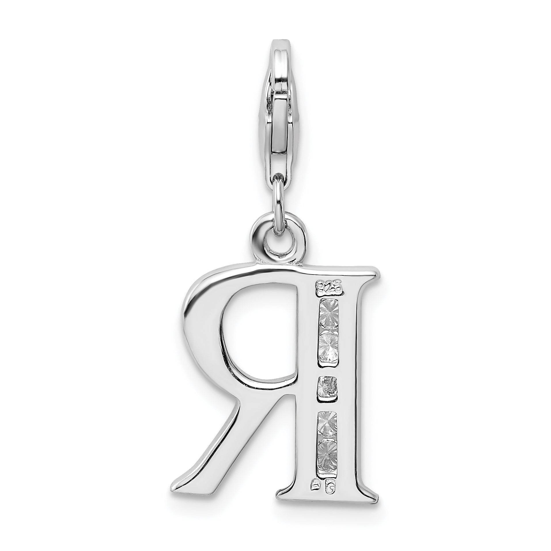 Sterling Silver Amore La Vita Rhodium-Plated Polished Cz Letter R Initial Charm With Fancy Lobster Clasp