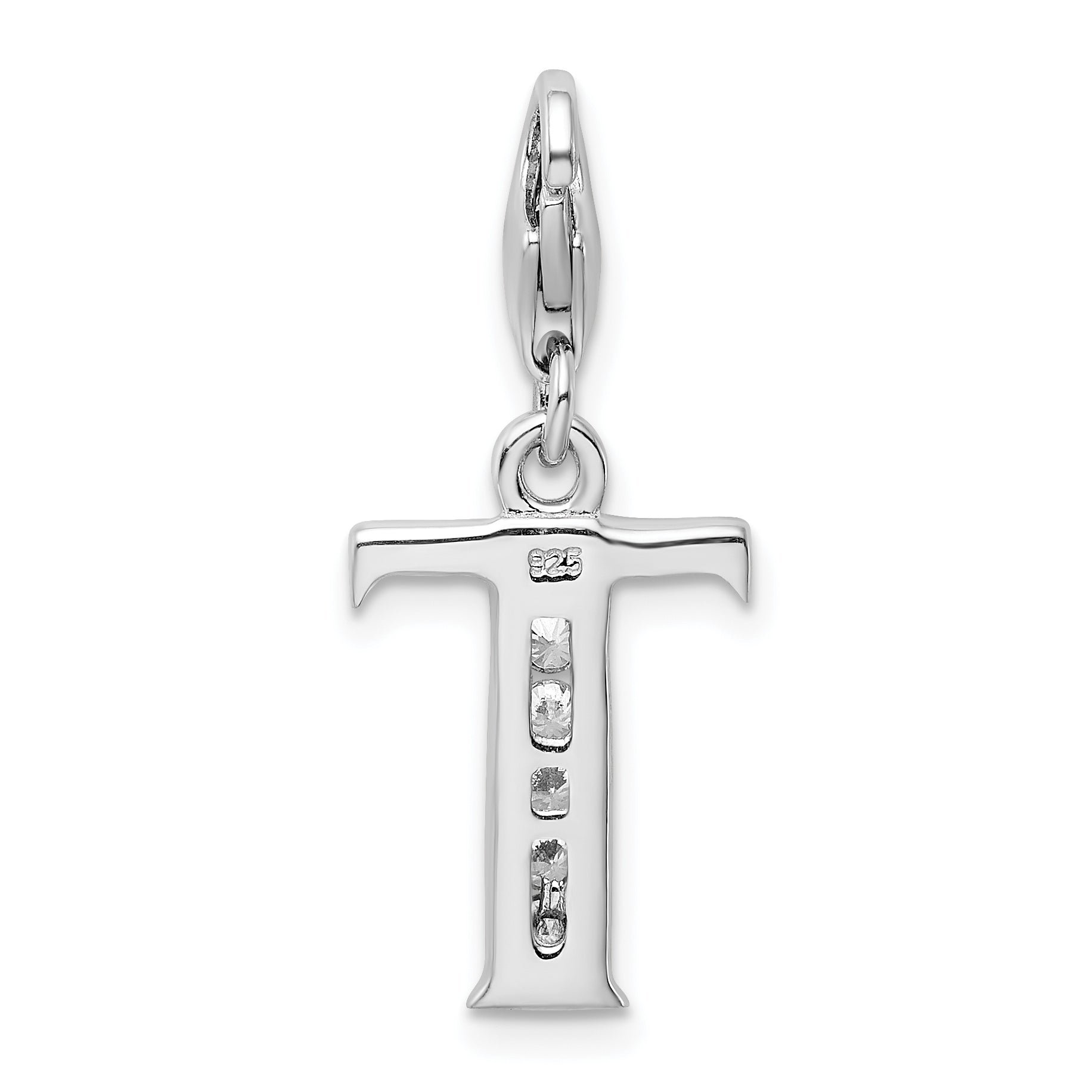 Sterling Silver Amore La Vita Rhodium-Plated Polished Cz Letter T Initial Charm With Fancy Lobster Clasp