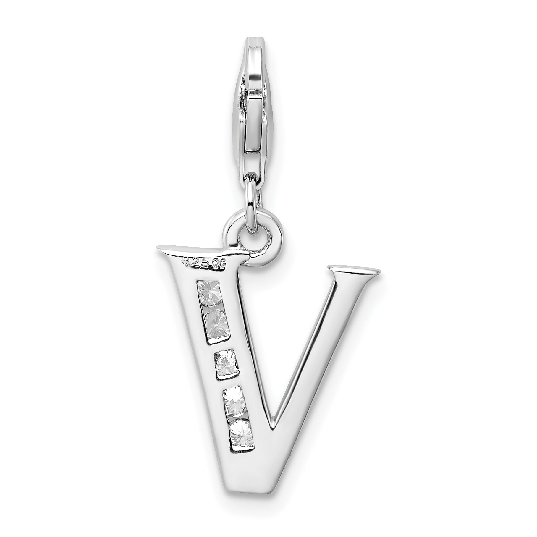 Sterling Silver Amore La Vita Rhodium-Plated Polished Cz Letter V Initial Charm With Fancy Lobster Clasp