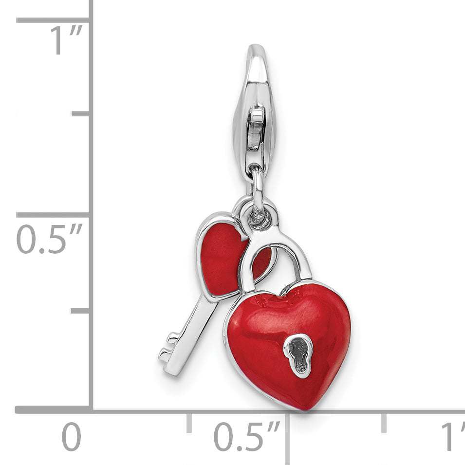 Sterling Silver Amore La Vita Rhodium-plated Polished 3-D Enameled Heart And Key Charm with Fancy Lobster Clasp
