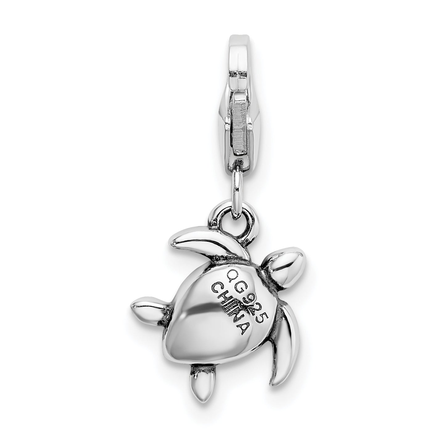Sterling Silver Amore La Vita Rhodium-Plated Polished 3-D Green Crystal From Swarovski Turtle Charm With Fancy Lobster Clasp