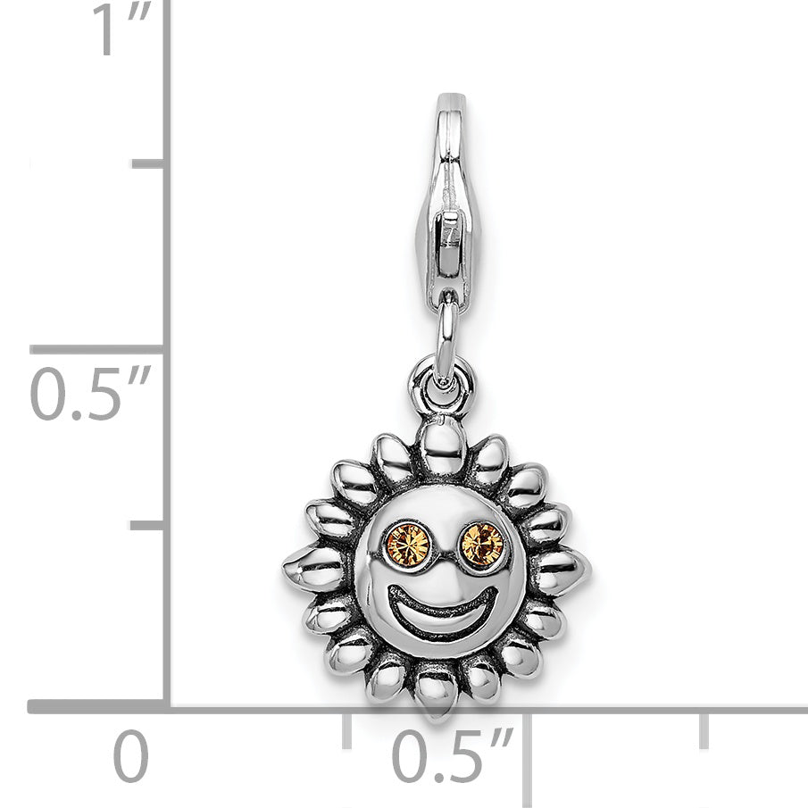 Sterling Silver Amore La Vita Rhodium-Plated Polished 3-D Yellow Crystal From Swarovski Sun Charm With Fancy Lobster Clasp