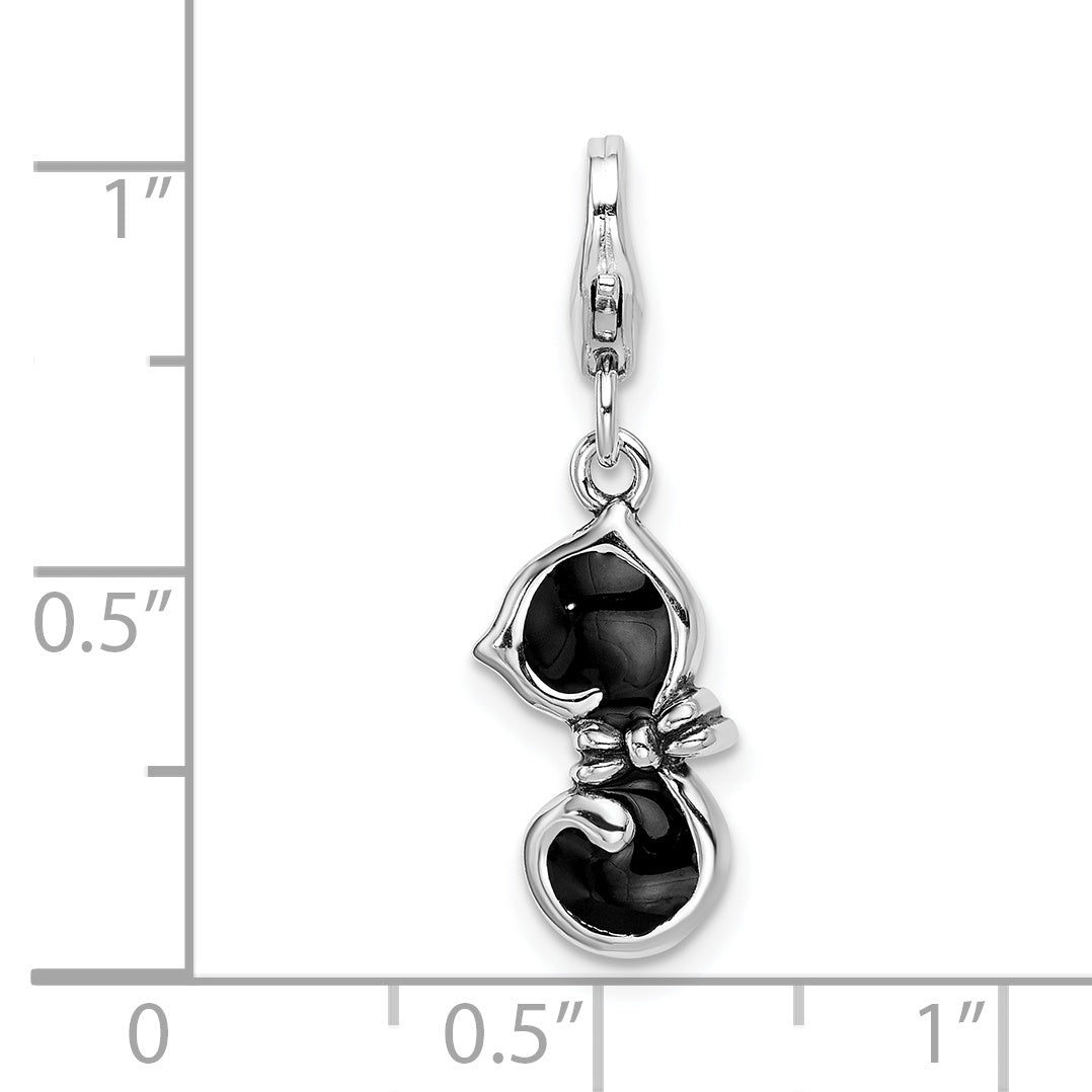 Sterling Silver Amore La Vita Rhodium-Plated Polished 3-D Black Enameled Cat Charm With Fancy Lobster Clasp
