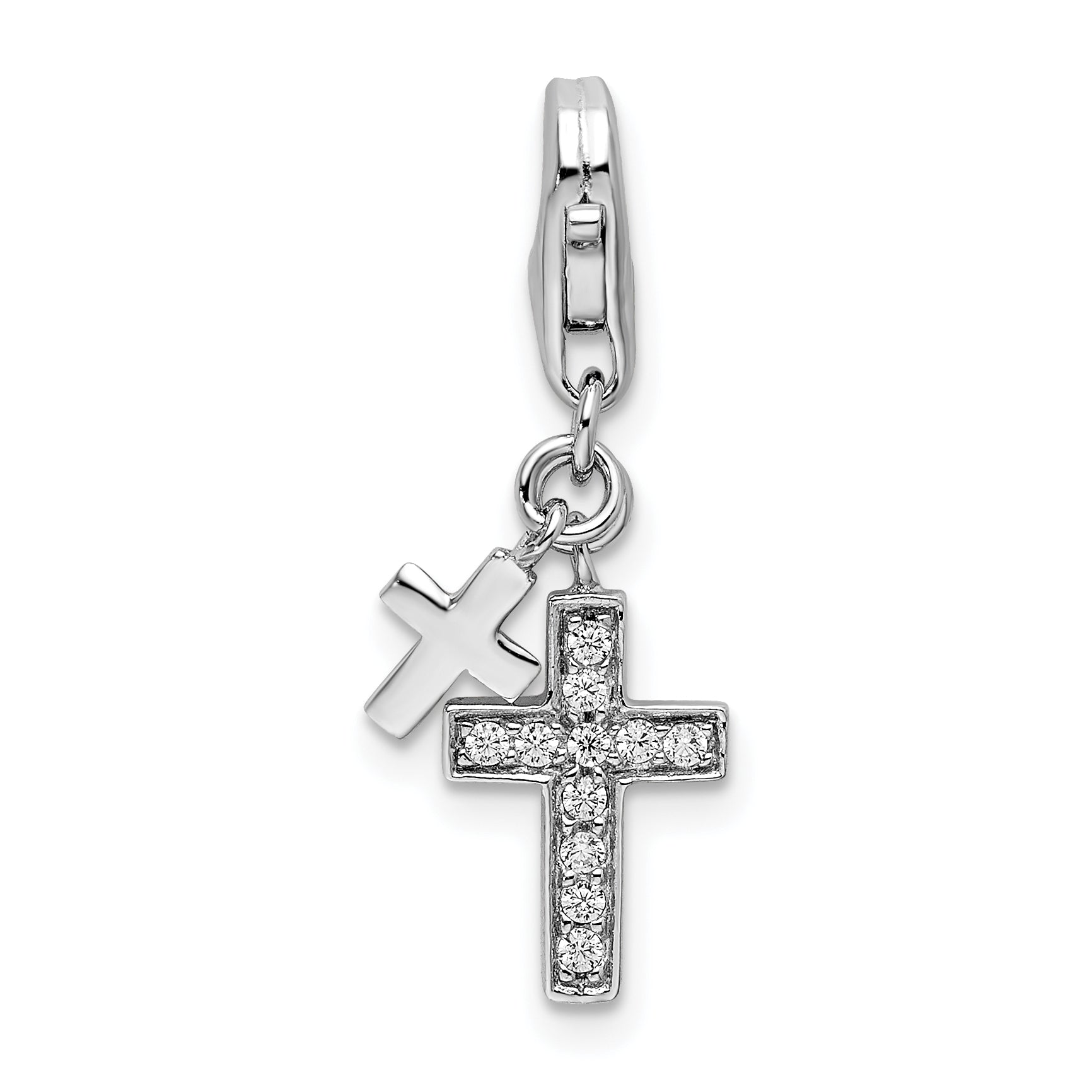 Sterling Silver Amore La Vita Rhodium-Plated Polished Cz Two Cross Charm With Fancy Lobster Clasp