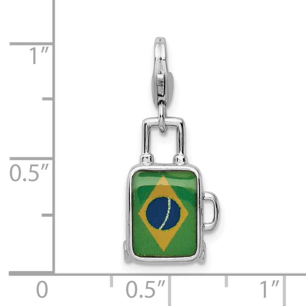 Sterling Silver Amore La Vita Rhodium-Plated Polished 3-D Enameled Brazilian Flag Suitcase Charm With Fancy Lobster Clasp