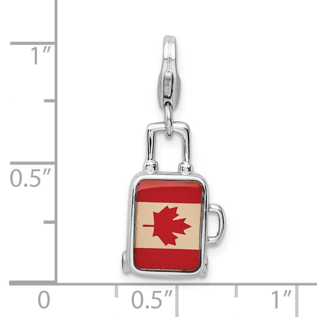 Sterling Silver Amore La Vita Rhodium-Plated Polished 3-D Enameled Canadian Flag Suitcase Charm With Fancy Lobster Clasp