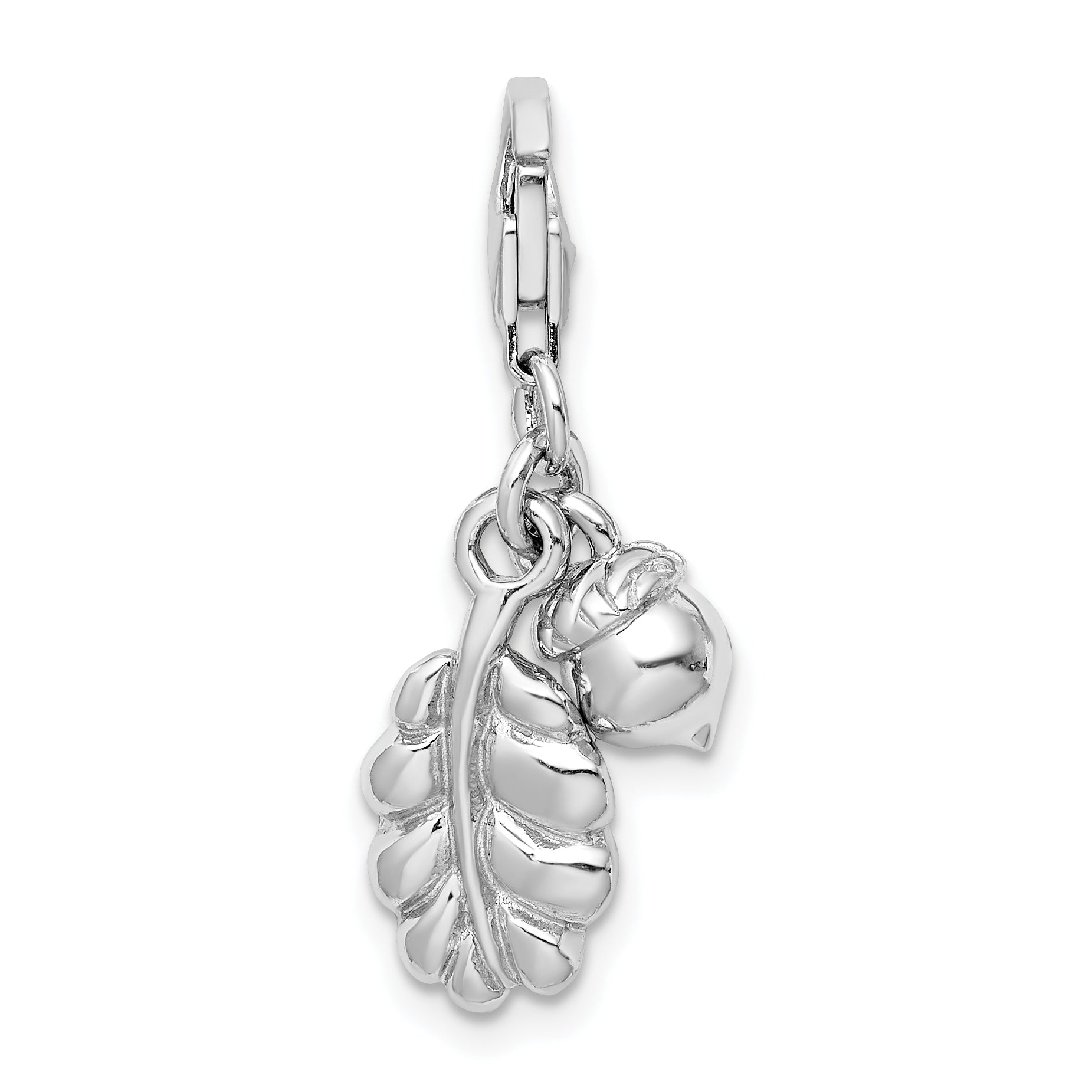 Sterling Silver Amore La Vita Rhodium-Plated Polished 3-D Acorn And Leaf Charm With Fancy Lobster Clasp
