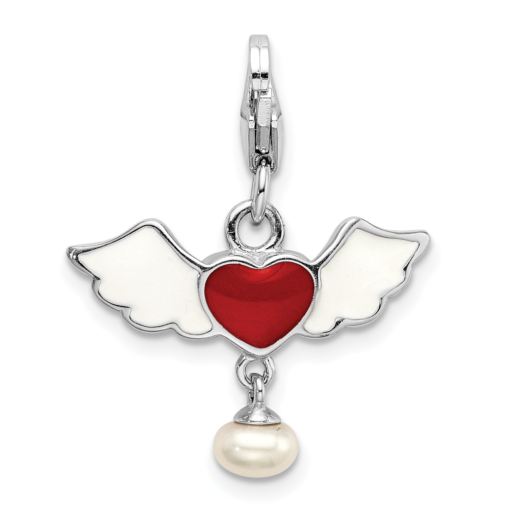 Sterling Silver Amore La Vita Rhodium-Plated Polished 3-D Winged Enameled Red Heart And Freshwater Cultured Pearl Dangle Charm With Fancy Lobster Clasp