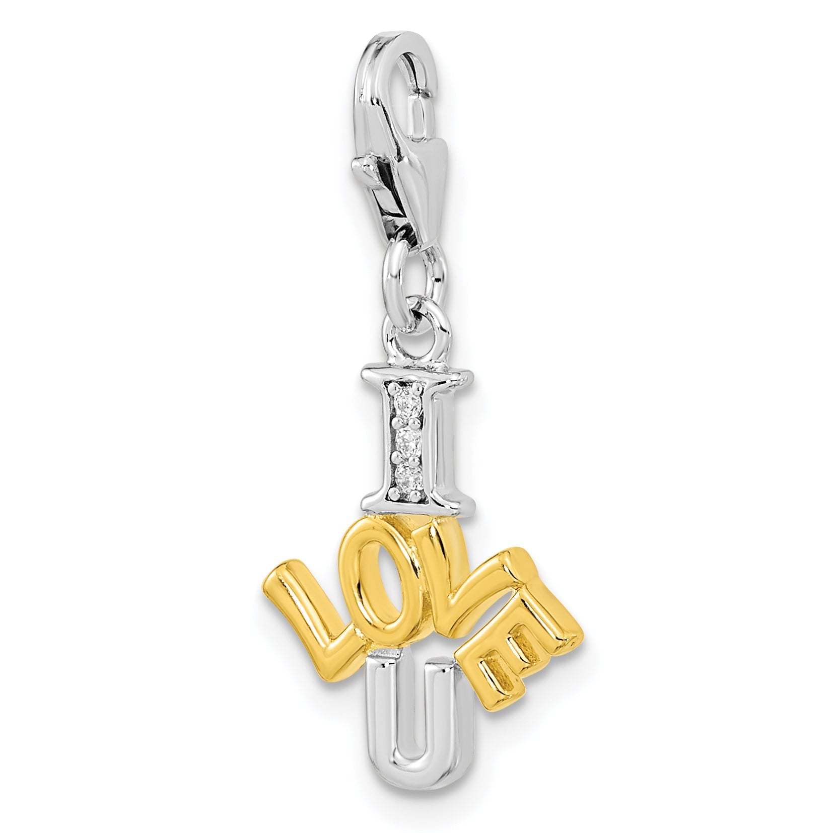 Ss/Gold Plated Amore La Vita Sterling Silver Rhodium-Plated And Gold-Plated Polished Cz I Love U Charm With Fancy Lobster Clasp
