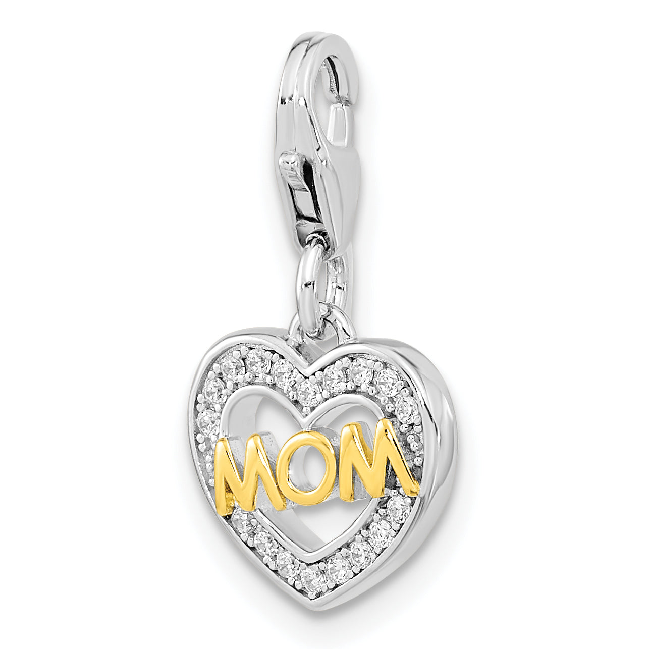 Ss/Gold Plated Amore La Vita Sterling Silver Rhodium-Plated Gold-Plated Polished Cz Mom Heart Charm With Fancy Lobster Clasp