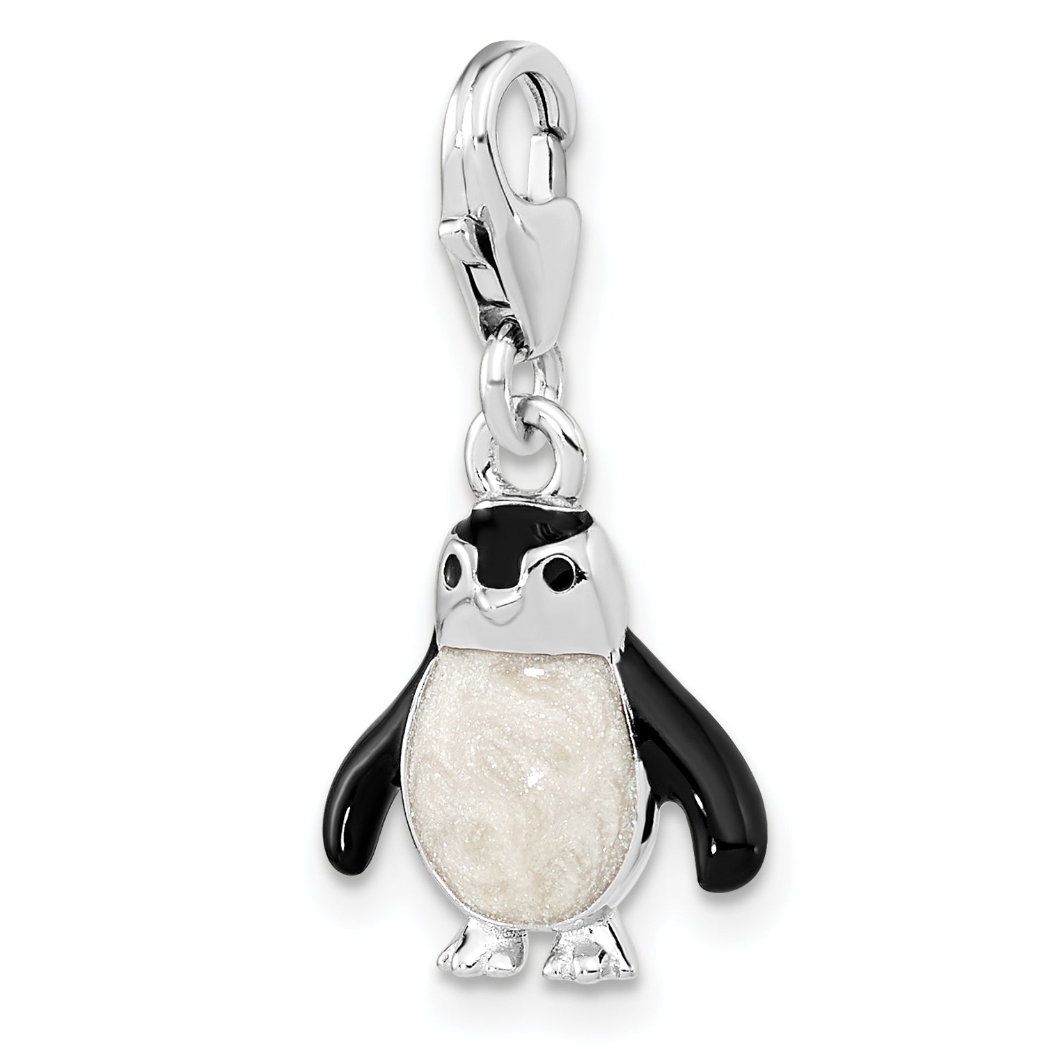 Sterling Silver Amore La Vita Rhodium-Plated Polished 3-D Glitter Enameled Penguin Charm With Fancy Lobster Clasp