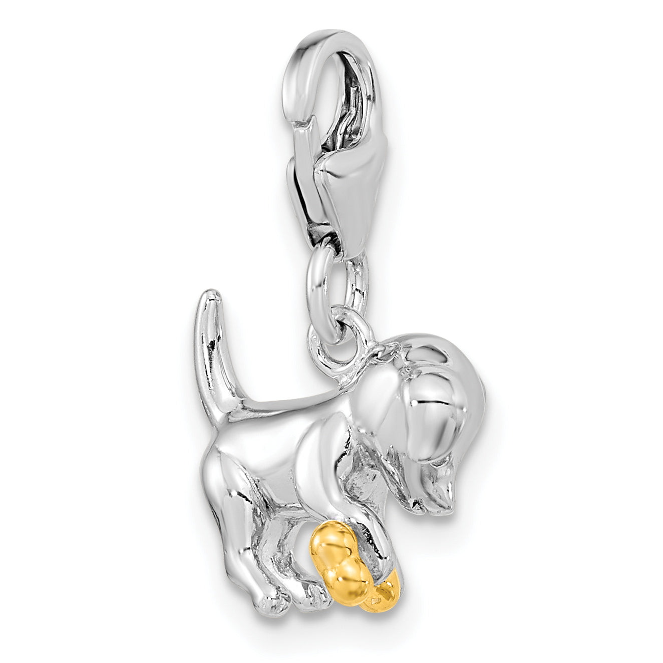 Ss/Gold Plated Amore La Vita Sterling Silver Rhodium-Plated And Gold-Plated Polished 3-D Puppy Holding Bone Charm With Fancy Lobster Clasp