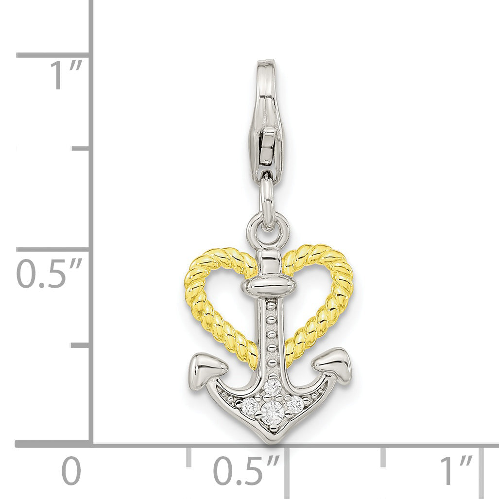 Ss/Gold Plated Amore La Vita Sterling Silver Rhodium-Plated And Gold-Plated Cz Heart Anchor Charm With Fancy Lobster Clasp