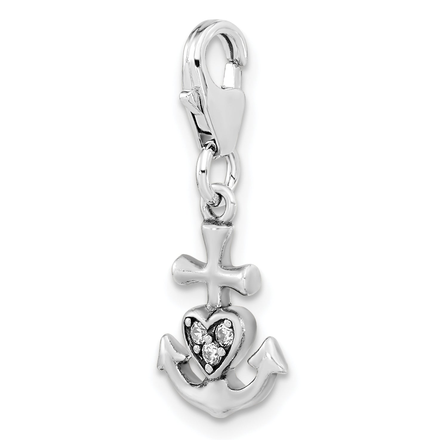 Sterling Silver Amore La Vita Rhodium-Plated Polished Antiqued Cz Anchor With Heart Charm Fancy Lobster Clasp