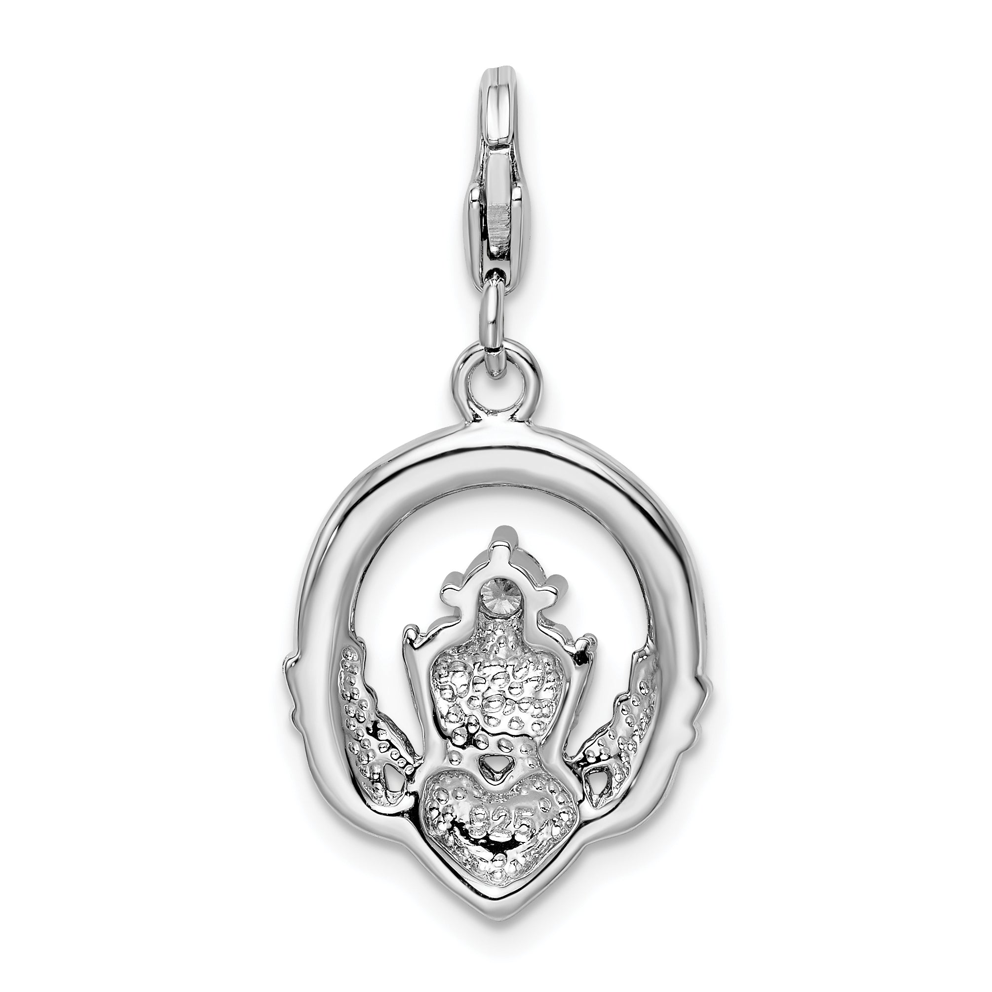 Sterling Silver Amore La Vita Rhodium-Plated Polished Clear Cz Claddagh Charm With Fancy Lobster Clasp