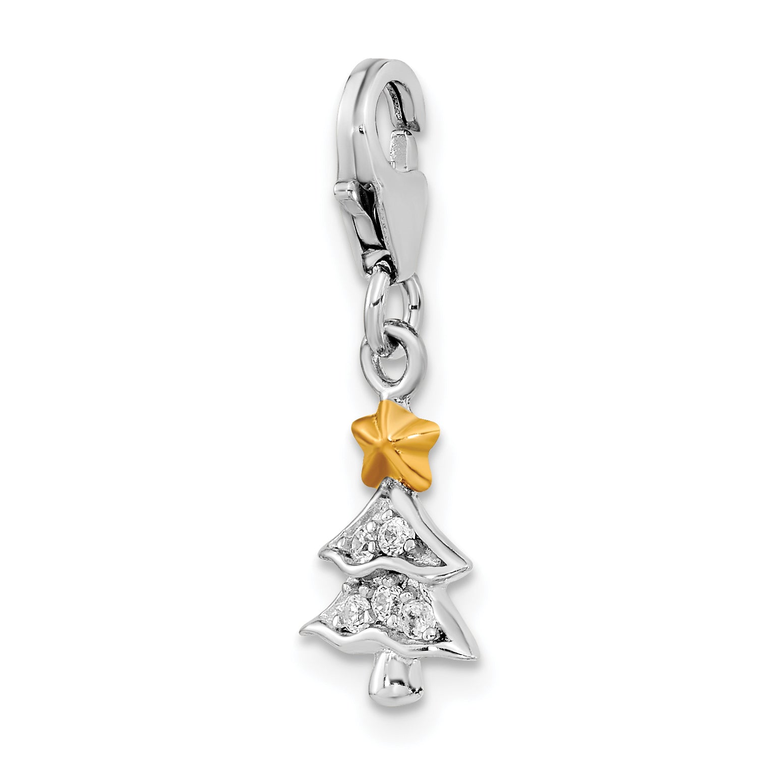 Ss/Gold Plated Amore La Vita Sterling Silver Rhodium-Plated And Gold-Plated Polished Cz Christmas Tree Charm With Fancy Lobster Clasp