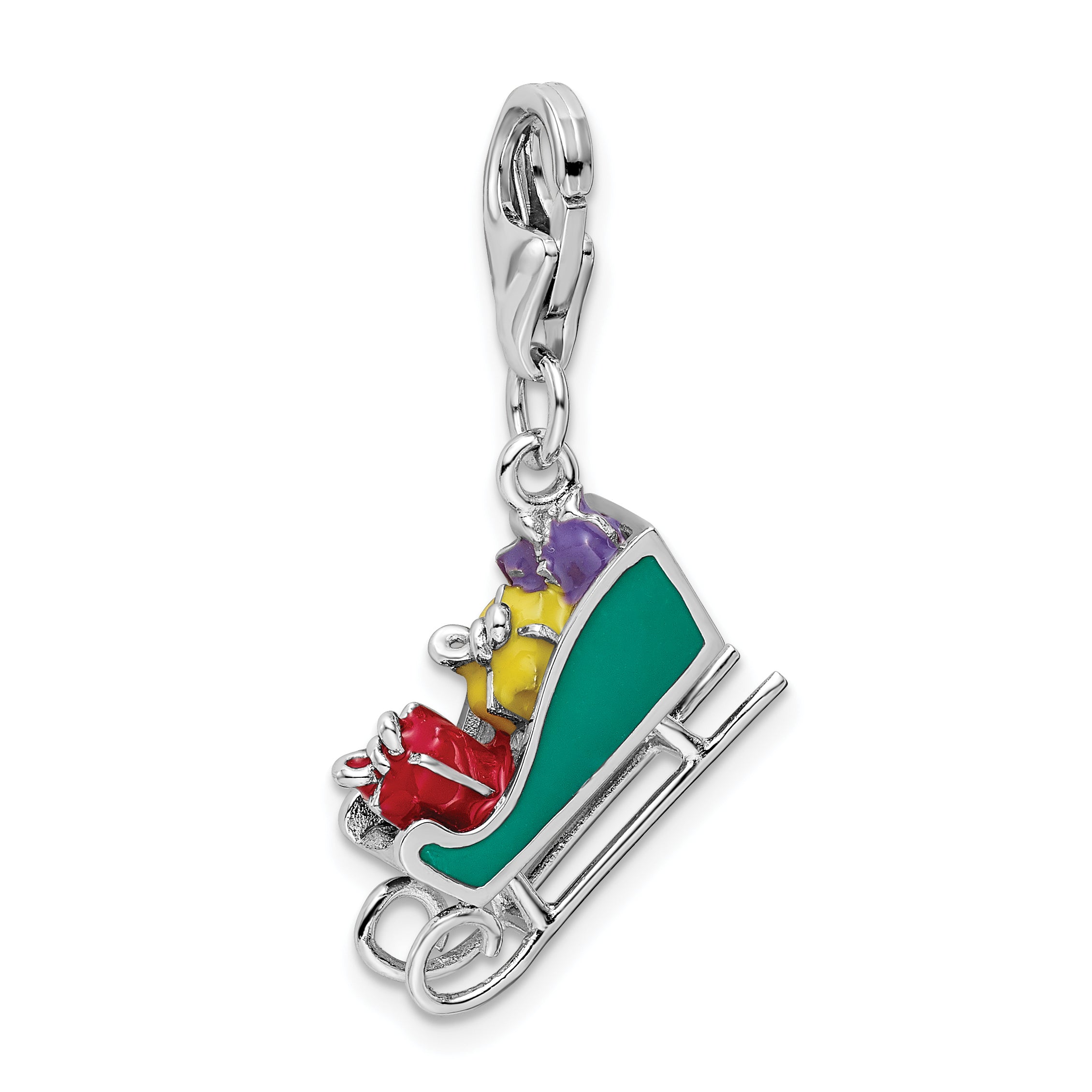 Sterling Silver Amore La Vita Rhodium-Plated Polished 3-D Enameled Sled With Presents Charm