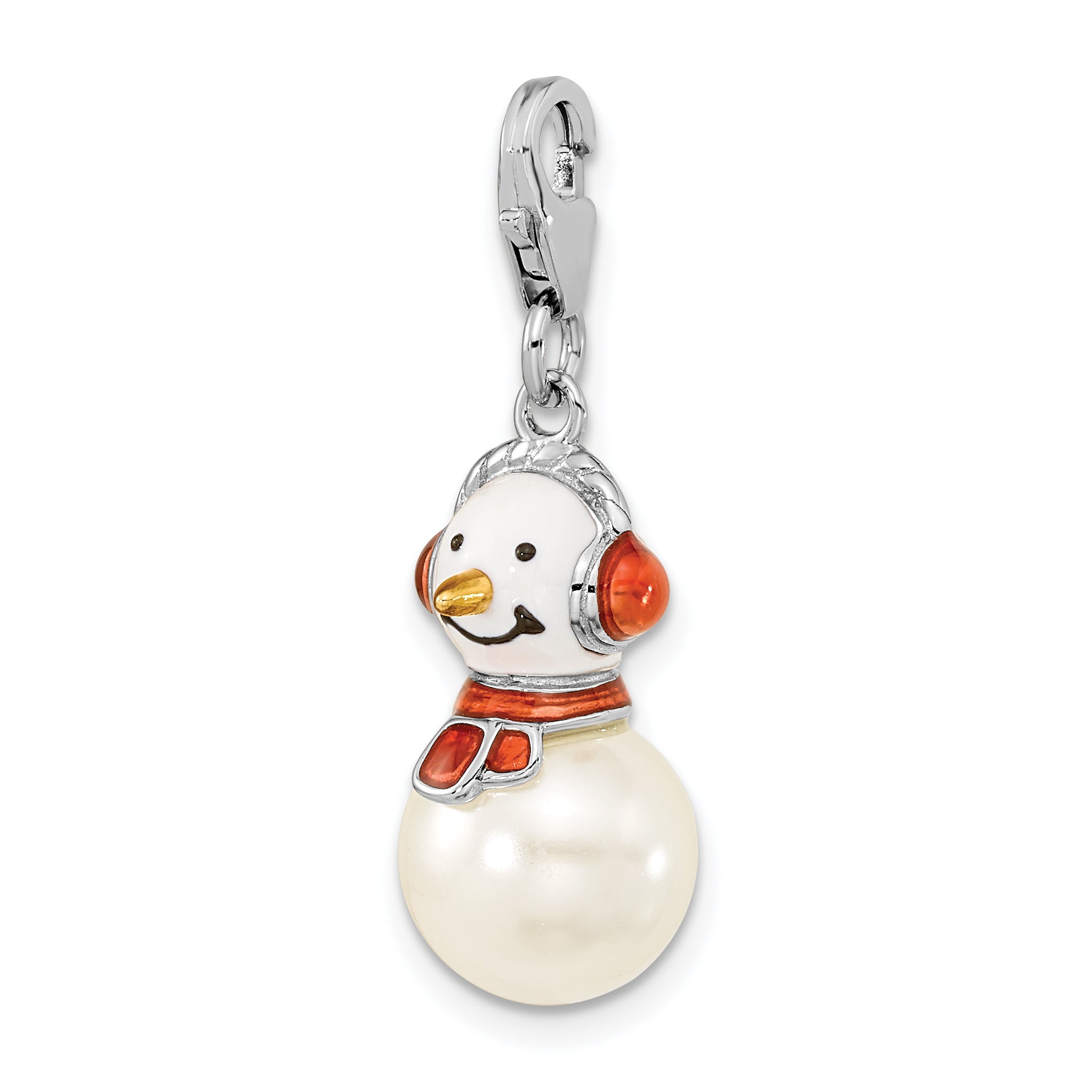 Sterling Silver Amore La Vita Rhodium-Plated Polished 3-D Mother Of Pearl And Enameled Snowman Charm With Fancy Lobster Clasp