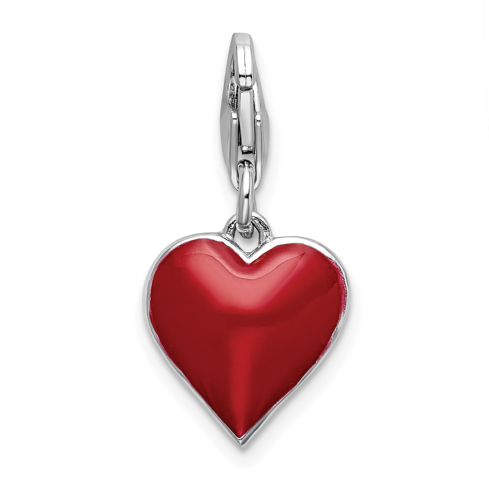 Sterling Silver Amore La Vita Rhodium-Plated Polished 3-D Cz And Red Enameled Reversible Heart Charm With Fancy Lobster Clasp
