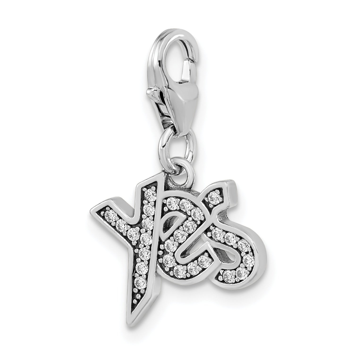 Sterling Silver Amore La Vita Rhodium-Plated Polished Antiqued Cz Yes Charm With Fancy Lobster Clasp