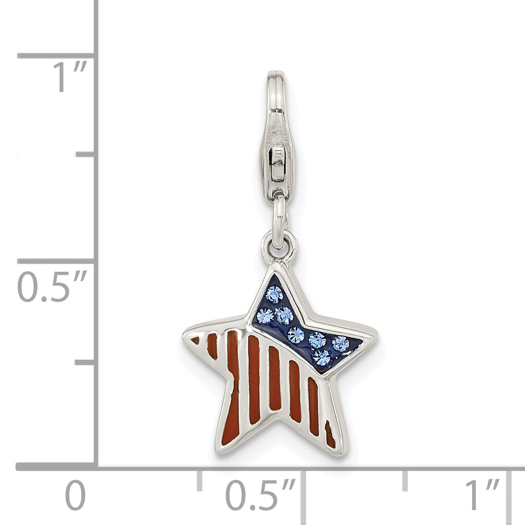 Sterling Silver Amore La Vita Rhodium-Plated Polished Enameled Crystal From Swarovski Reversible American Flag Star Charm With Fancy Lobster Clasp
