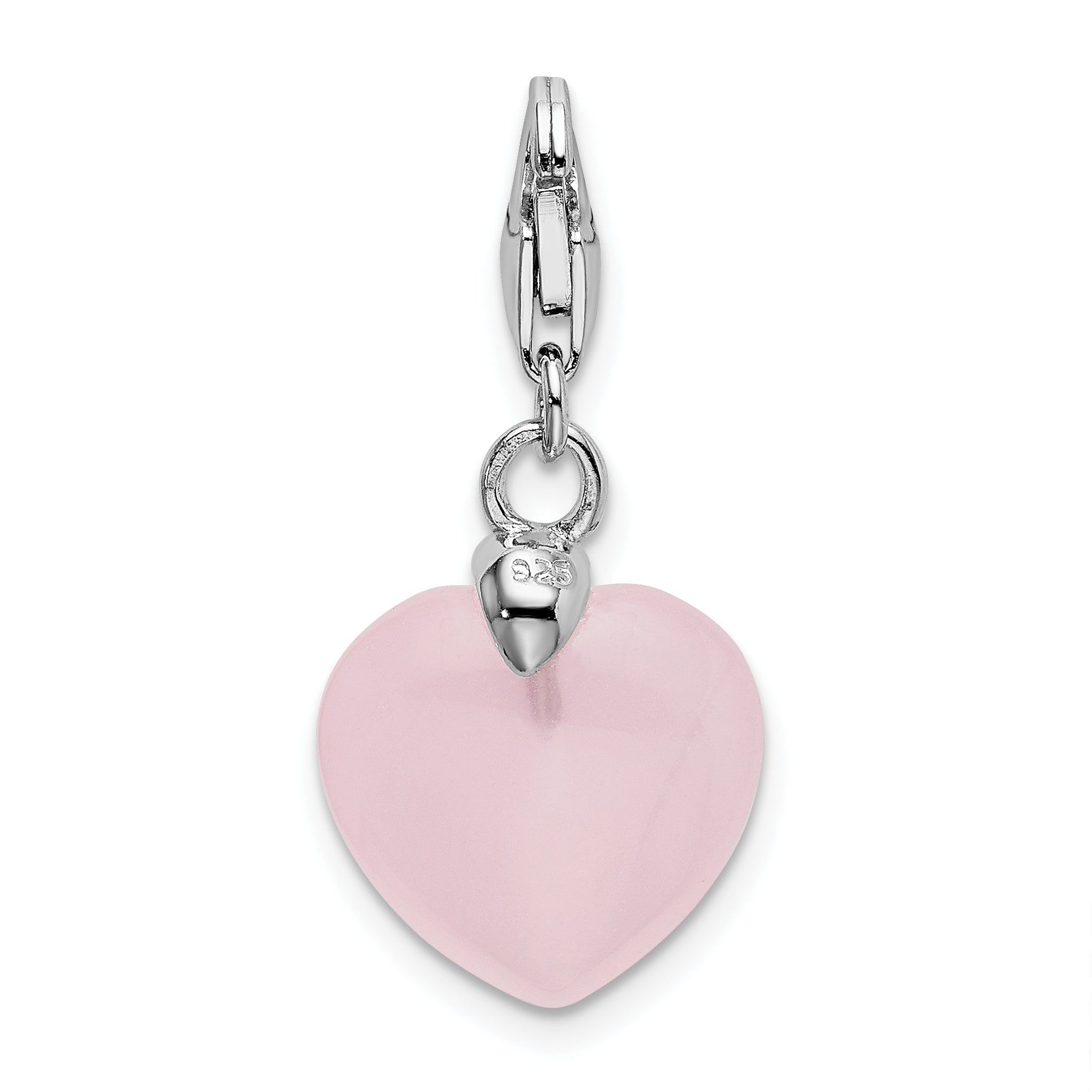 Sterling Silver Amore La Vita Rhodium-Plated Polished 3-D Rose Quartz Heart Charm With Fancy Lobster Clasp