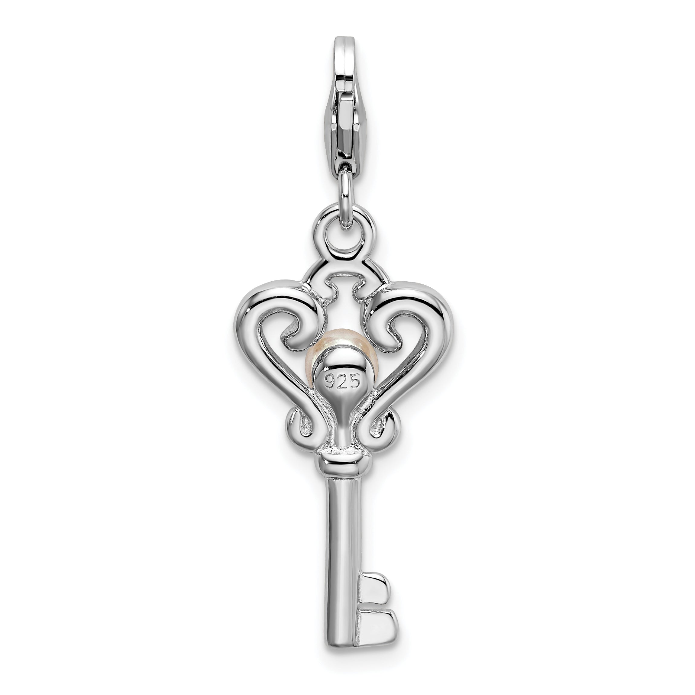 Sterling Silver Amore La Vita Rhodium-Plated Polished Freshwater Cultured Pearl Key Charm With Fancy Lobster Clasp