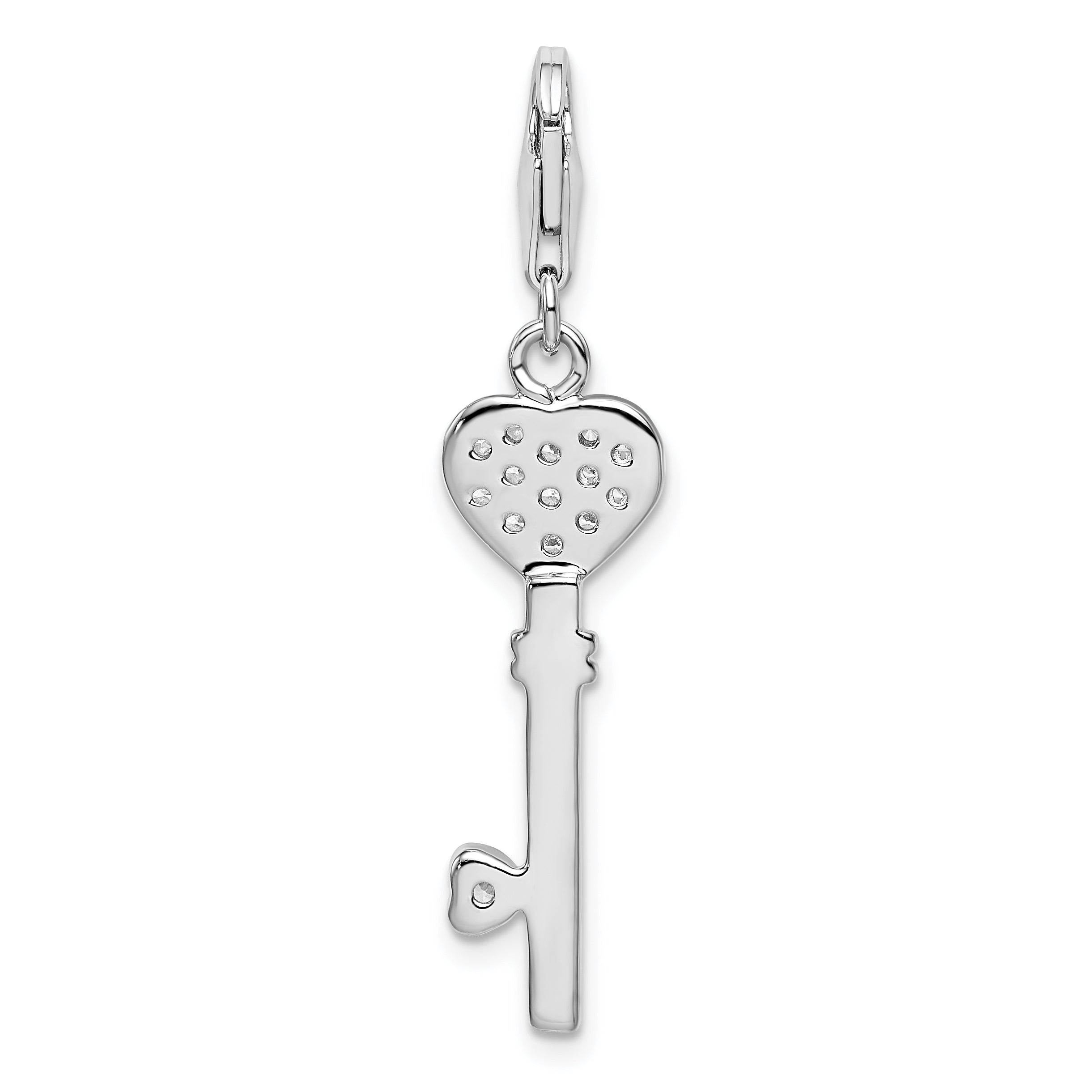 Sterling Silver Amore La Vita Rhodium-Plated Polished Clear Cz Heart Top Key Charm With Fancy Lobster Clasp