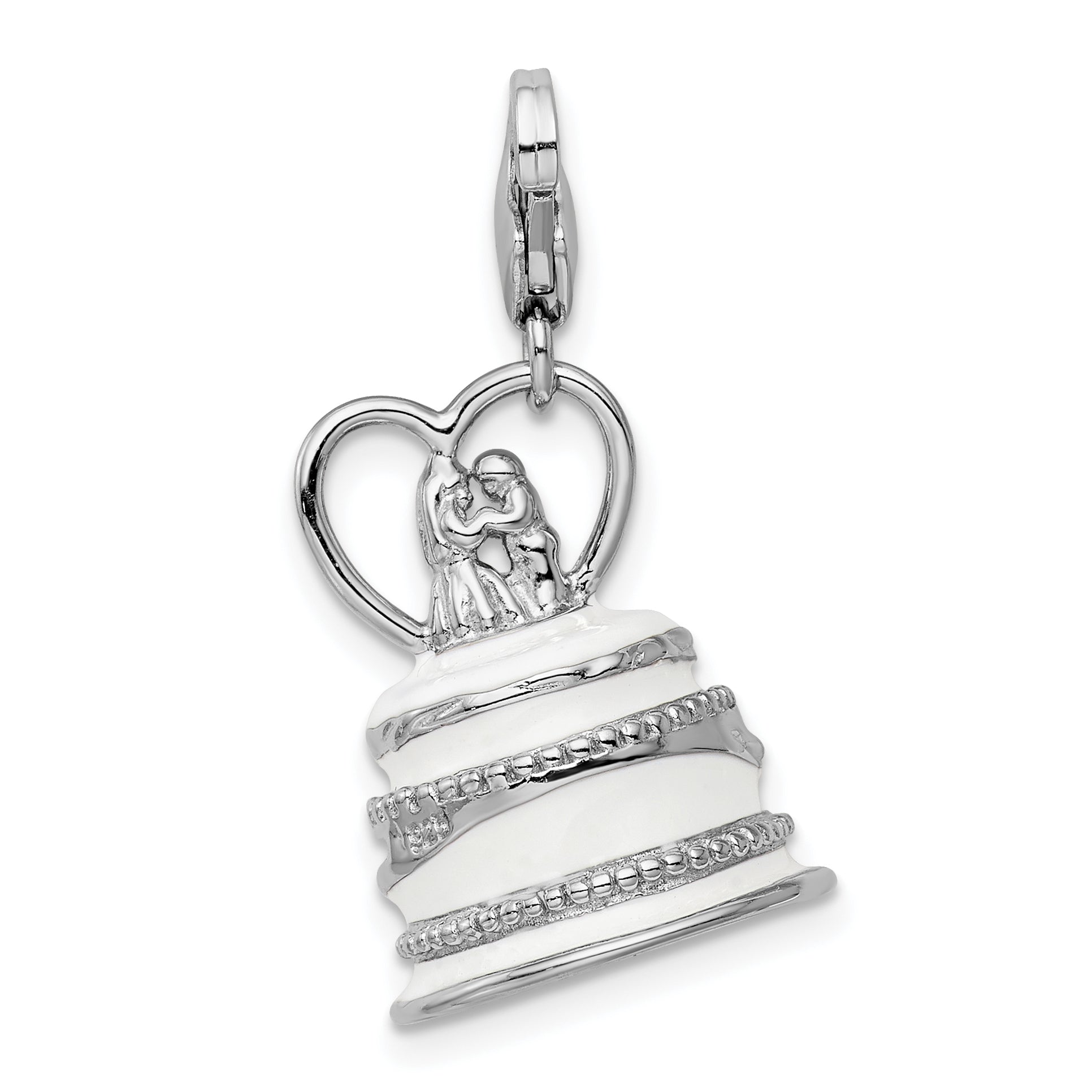 Sterling Silver Amore La Vita Rhodium-Plated Polished 3-D Enameled Wedding Cake Charm With Fancy Lobster Clasp