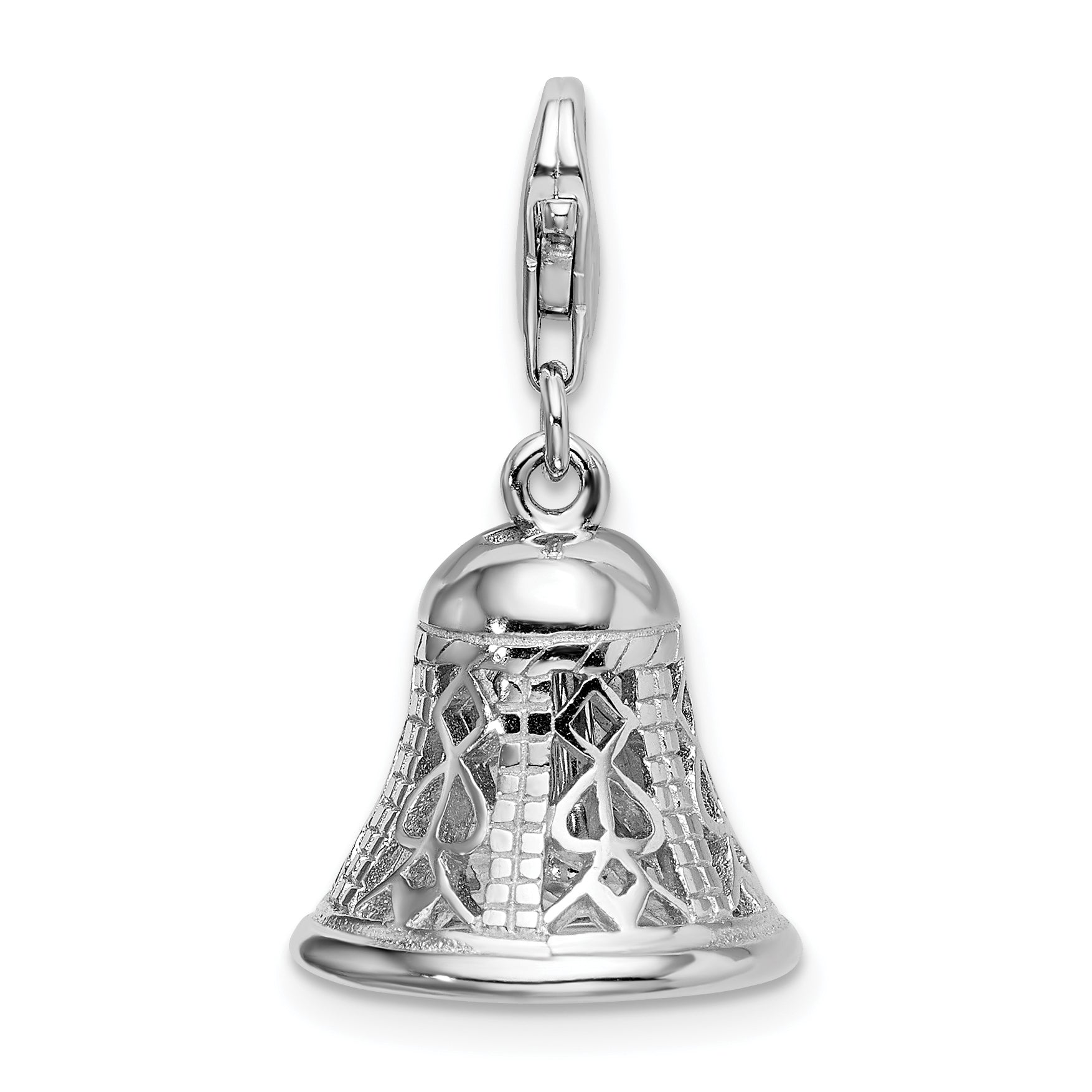 Sterling Silver Amore La Vita Rhodium-Plated Polished 3-D Movable Bell Charm With Fancy Lobster Clasp